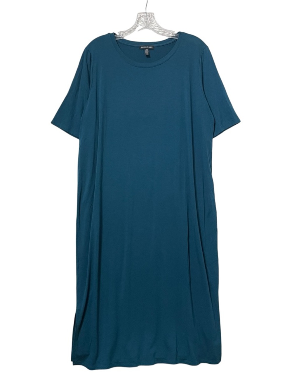 Eileen Fisher Deep Teal Crew Neck T-Shirt Midi Dress Size Large